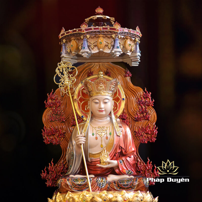 Tượng Địa Tạng Bồ Tát Ngồi Đế Sen Non Nước Vẽ Sơn Cao Cấp, Có Lọng Che, Bằng Đồng, Cao 48cm (Cao Đến Lá 72cm) - Ảnh 4