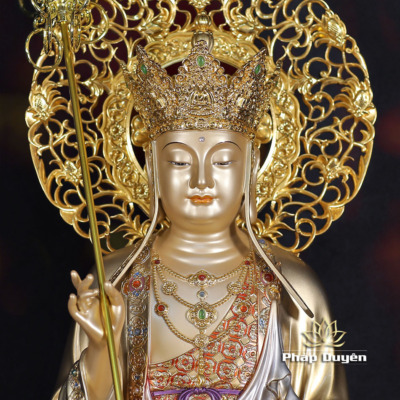 Alternative view of Tượng Địa Tạng Vương Bằng Đồng, Sơn Men Cổ, Cao 48cm (Tổng Lá Đề 56cm)