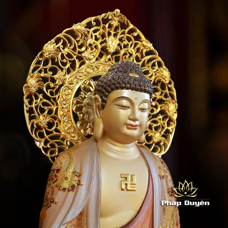 Bộ Tượng Tây Phương Tam Thánh Đứng, Bằng Đồng Vẽ Gấm Cao 66cm (Tổng Lá Đề 78cm) - Ảnh 4