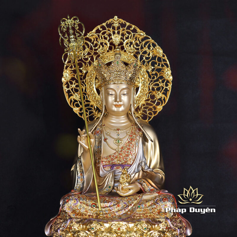 Tượng Địa Tạng Vương Bằng Đồng, Sơn Men Cổ, Cao 48cm (Tổng Lá Đề 56cm) - Ảnh 4