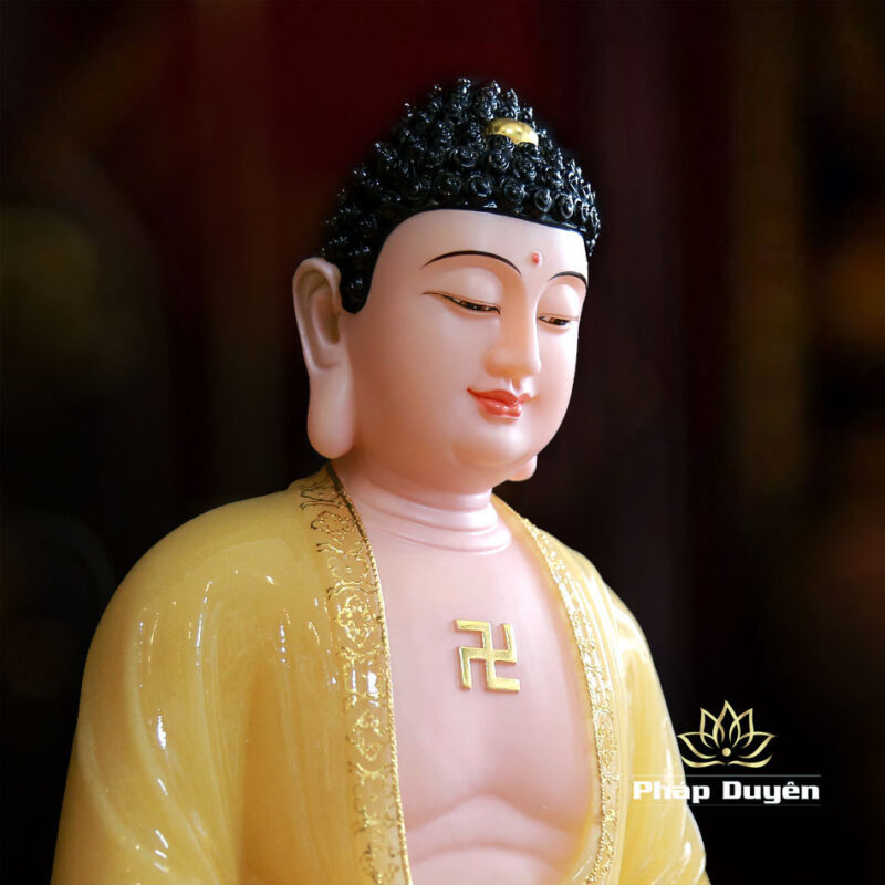 Bộ Tượng Tây Phương Tam Thánh Ngồi Đài Sen Bằng Bột Đá Thạch Anh Viền Vàng, Cao 48cm - Ảnh 5