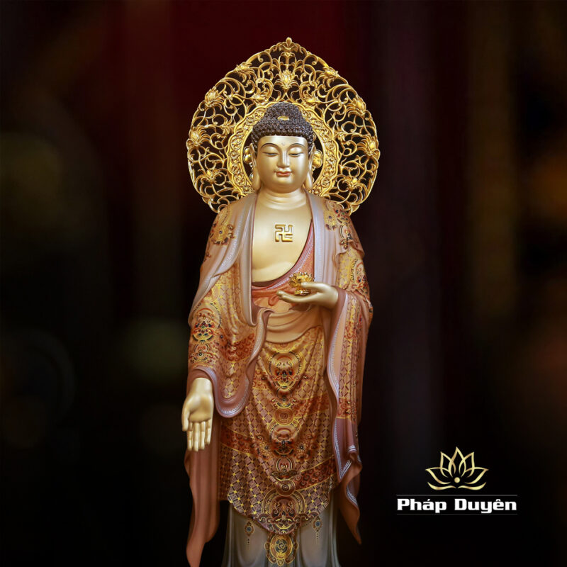 Bộ Tượng Tây Phương Tam Thánh Đứng, Bằng Đồng Vẽ Gấm Cao 66cm (Tổng Lá Đề 78cm) - Ảnh 5