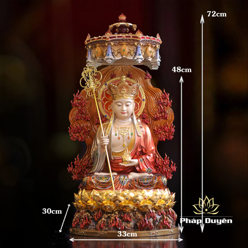 Tượng Địa Tạng Bồ Tát Ngồi Đế Sen Non Nước Vẽ Sơn Cao Cấp, Có Lọng Che, Bằng Đồng, Cao 48cm (Cao Đến Lá 72cm) - Ảnh 6