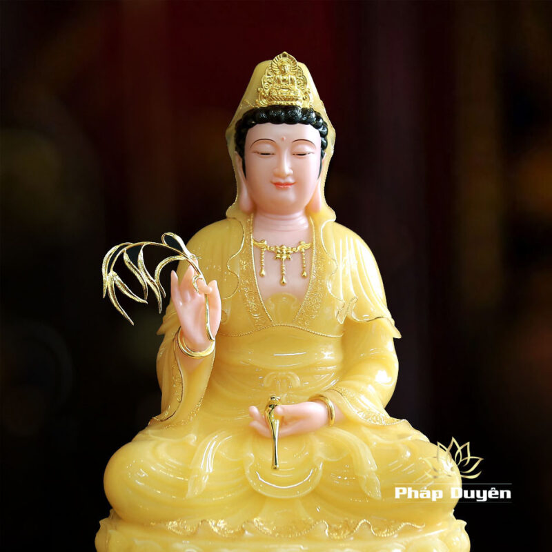 Bộ Tượng Tây Phương Tam Thánh Ngồi Đài Sen Bằng Bột Đá Thạch Anh Viền Vàng, Cao 48cm - Ảnh 11