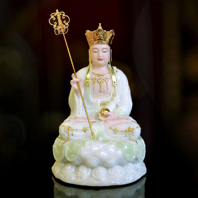 Tượng Địa Tạng Bồ Tát Ngồi Đài Sen Bằng Bột Đá Cẩm Thạch Màu Thanh Thiên, Cao 30cm