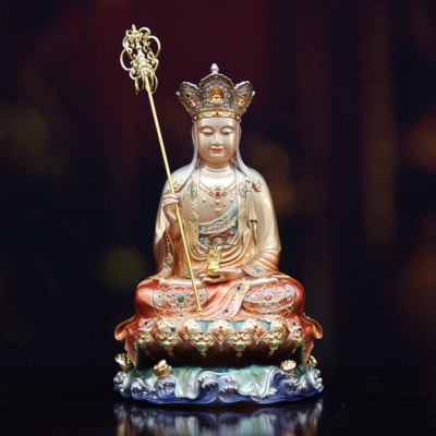 Tượng Địa Tạng Vương Bồ Tát Ngồi Non Nước, Bằng Đồng Sơn Màu, Cao 40cm/48cm