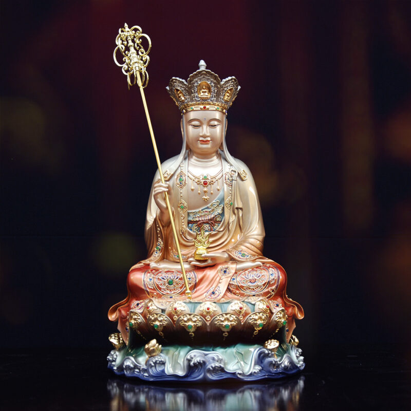 Tượng Địa Tạng Vương Bồ Tát Ngồi Non Nước, Bằng Đồng Sơn Màu, Cao 40cm