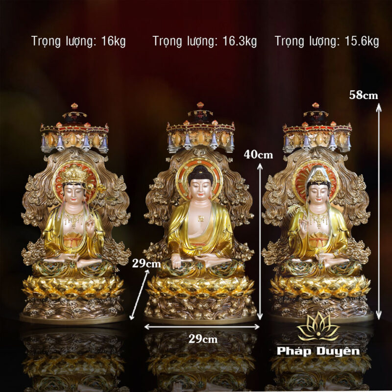 Bộ Tượng Tây Phương Tam Thánh Ngồi Non Nước, Bằng Đồng, Có Lọng Che, Cao 40cm (Tổng Lá Đề 58cm) - Ảnh 17