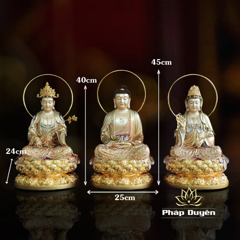 Bộ Tượng Tây Phương Tam Thánh Ngồi, Bằng Đồng Sơn Men Cổ Mẫn Bảo, Cao 40cm (Có Hào Quang) - Ảnh 19