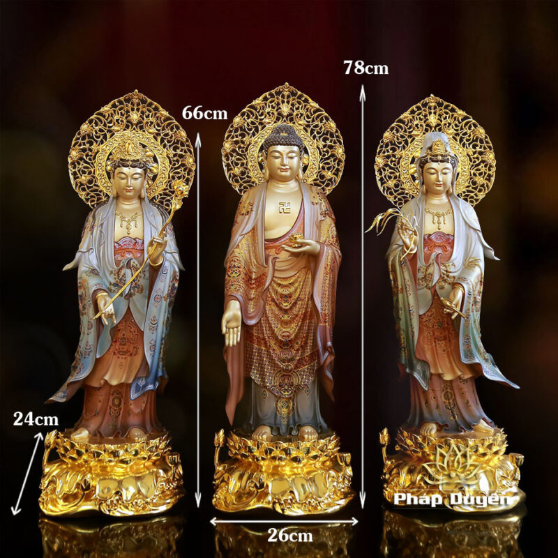 Bộ Tượng Tây Phương Tam Thánh Đứng, Bằng Đồng Vẽ Gấm Cao 66cm (Tổng Lá Đề 78cm) - Ảnh 17