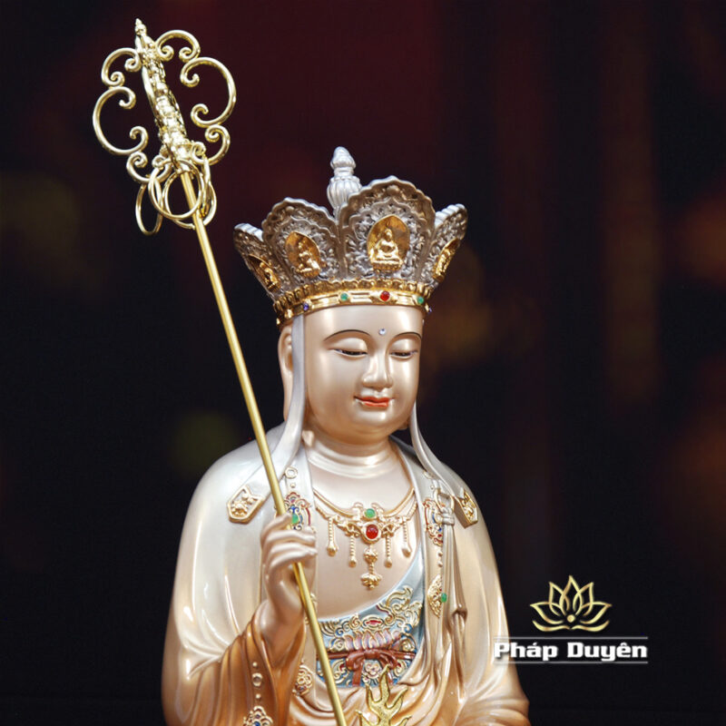 Tượng Địa Tạng Vương Bồ Tát Ngồi Non Nước, Bằng Đồng Sơn Màu, Cao 40cm - Ảnh 3