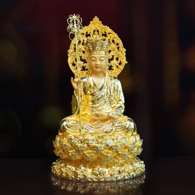 Tượng Địa Tạng Vương, Chất Liệu Đồng Dát Vàng Ấn Bảo, Cao 40cm (Tổng Lá Đề 48cm)