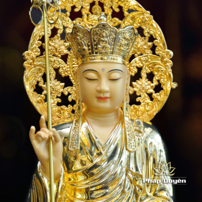 Alternative view of Tượng Địa Tạng Vương, Chất Liệu Đồng Dát Vàng Ấn Bảo, Cao 40cm (Tổng Lá Đề 48cm)
