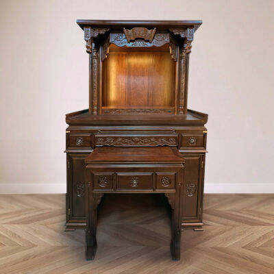 Ban Thờ Gia Tiên, Ban Thờ Phật Chữ Nho Song Lầu, Gỗ Hương Đá, Màu Óc Chó, KT 155*69*232 cm