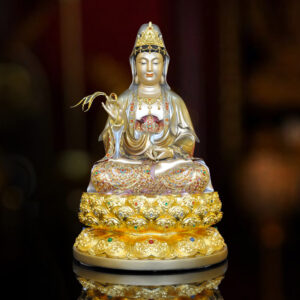 Tượng Bồ Tát Quan Âm Ngồi, Bằng Đồng Sơn Men Cổ Mẫn Bảo, Cao 48cm