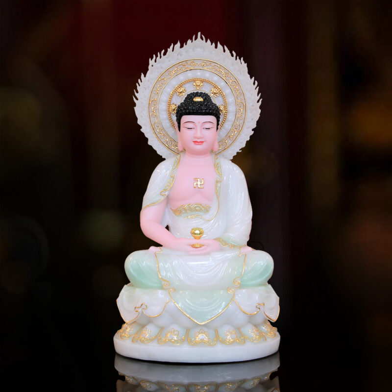 Tượng Thích Ca Ngồi Đài Sen Lá Đề Bột Đá Cẩm Thạch Màu Thiên Thanh | Cao 40cm