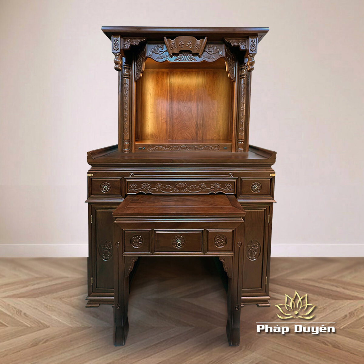 Ban Thờ Gia Tiên, Ban Thờ Phật Chữ Nho Song Lầu, Gỗ Hương Đá, Màu Óc Chó, KT 155*69*232 cm - ảnh 8