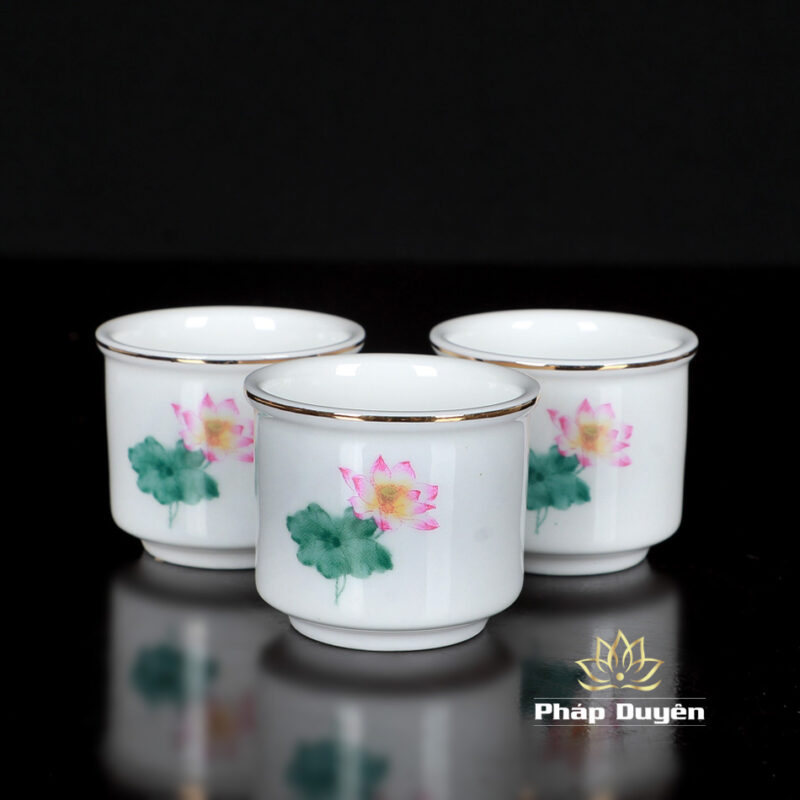 Chén Nước Bộ 3 Chiếc Sứ Trắng Hoa Sen Hồng Lá Xanh - Ảnh 2