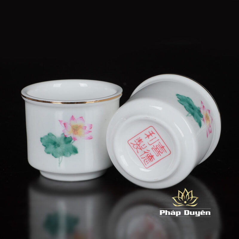 Chén Nước Bộ 3 Chiếc Sứ Trắng Hoa Sen Hồng Lá Xanh - Ảnh 3