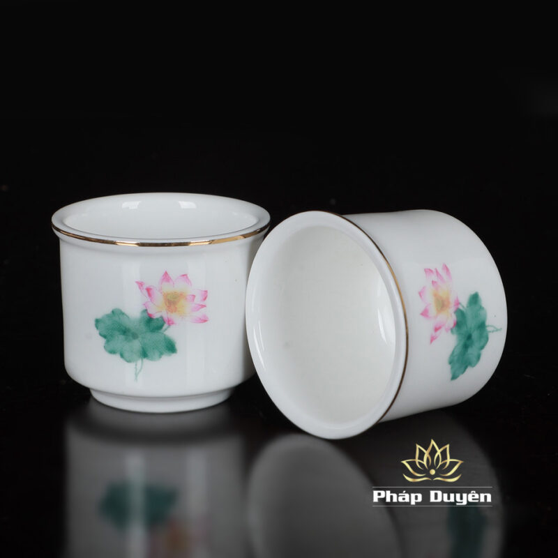 Chén Nước Bộ 3 Chiếc Sứ Trắng Hoa Sen Hồng Lá Xanh - Ảnh 4