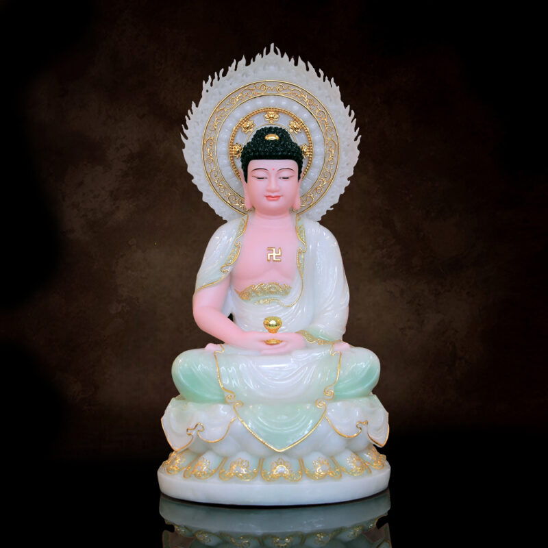 Tượng Thích Ca Ngồi Đài Sen Lá Đề Bột Đá Cẩm Thạch Màu Thiên Thanh | Cao 40cm