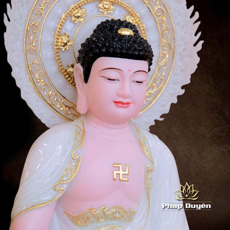 Tượng Thích Ca Ngồi Đài Sen Lá Đề Bột Đá Cẩm Thạch Màu Thiên Thanh | Cao 40cm - Ảnh 3
