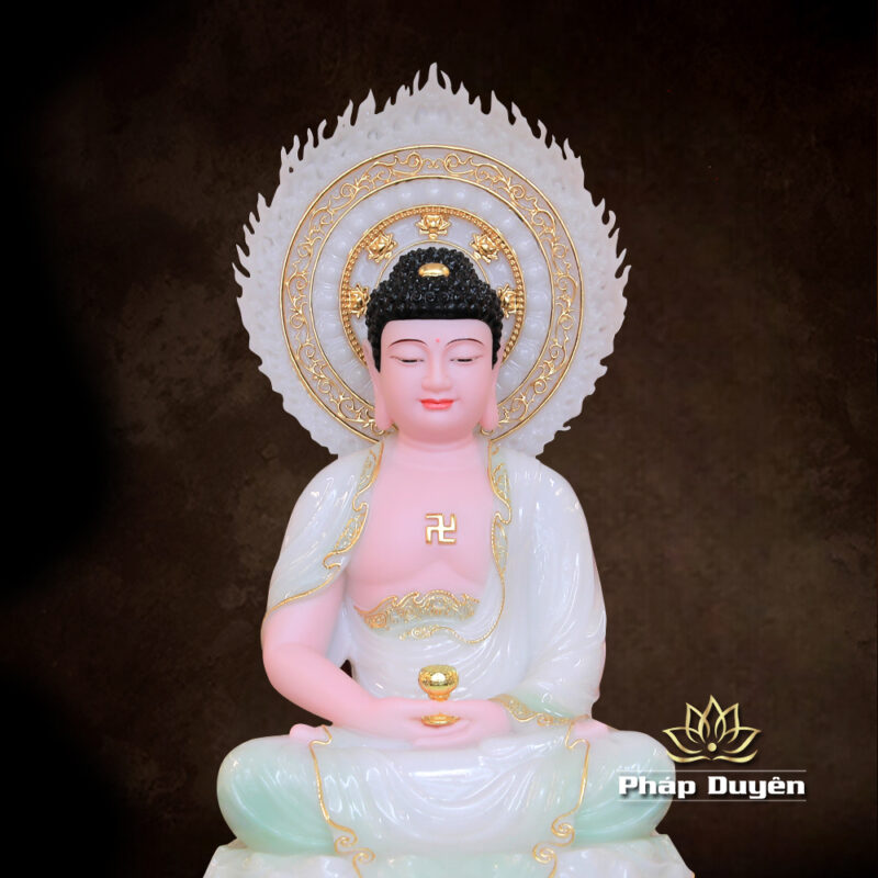 Tượng Thích Ca Ngồi Đài Sen Lá Đề Bột Đá Cẩm Thạch Màu Thiên Thanh | Cao 40cm - Ảnh 5