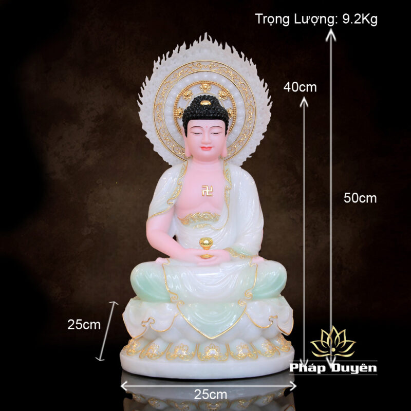 Tượng Thích Ca Ngồi Đài Sen Lá Đề Bột Đá Cẩm Thạch Màu Thiên Thanh | Cao 40cm - Ảnh 7
