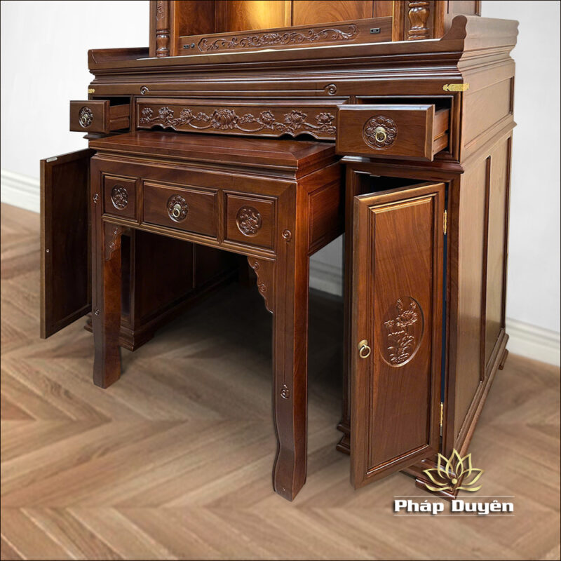 Ban Thờ Gia Tiên, Ban Thờ Phật Chữ Nho Song Lầu, Gỗ Hương Đá, Màu Óc Chó, KT 155*69*232 cm - Ảnh 8