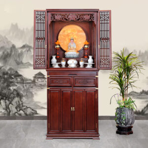 Bộ Tủ Thờ Phật - Gia Tiên Bốn Cánh Sứ Trắng Tâm Kinh Chữ Phật Vàng, "Liên Hoa", KT 89*68*215 cm, Nhiều Chất Liệu