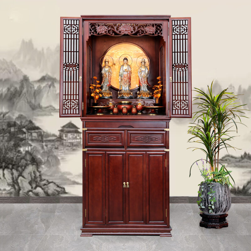 Bộ Tủ Thờ Phật - Gia Tiên Bốn Cánh Đồng Vân Đá Nâu Đỏ, "Liên Hoa", KT 89*68*215 cm, Nhiều Chất Liệu