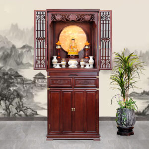 Bộ Tủ Thờ Phật - Gia Tiên Bốn Cánh Sứ Trắng Viền Vàng, "Liên Hoa", KT 89*68*215 cm, Nhiều Chất Liệu