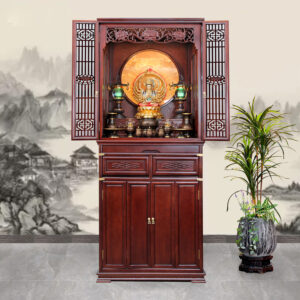 Bộ Tủ Thờ Phật - Gia Tiên Bốn Cánh Đồng Vân Đá Đen, "Liên Hoa", KT 89*68*215 cm, Nhiều Chất Liệu