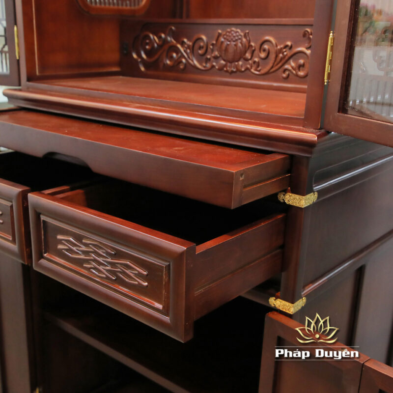 Bộ Tủ Thờ Phật - Gia Tiên Bốn Cánh Đồng Vân Đá Nâu Đỏ, "Liên Hoa", KT 89*68*215 cm, Nhiều Chất Liệu - Ảnh 17
