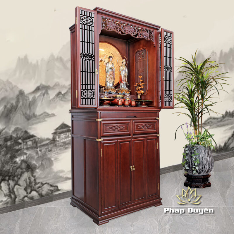 Bộ Tủ Thờ Phật - Gia Tiên Bốn Cánh Đồng Vân Đá Nâu Đỏ, "Liên Hoa", KT 89*68*215 cm, Nhiều Chất Liệu - Ảnh 3