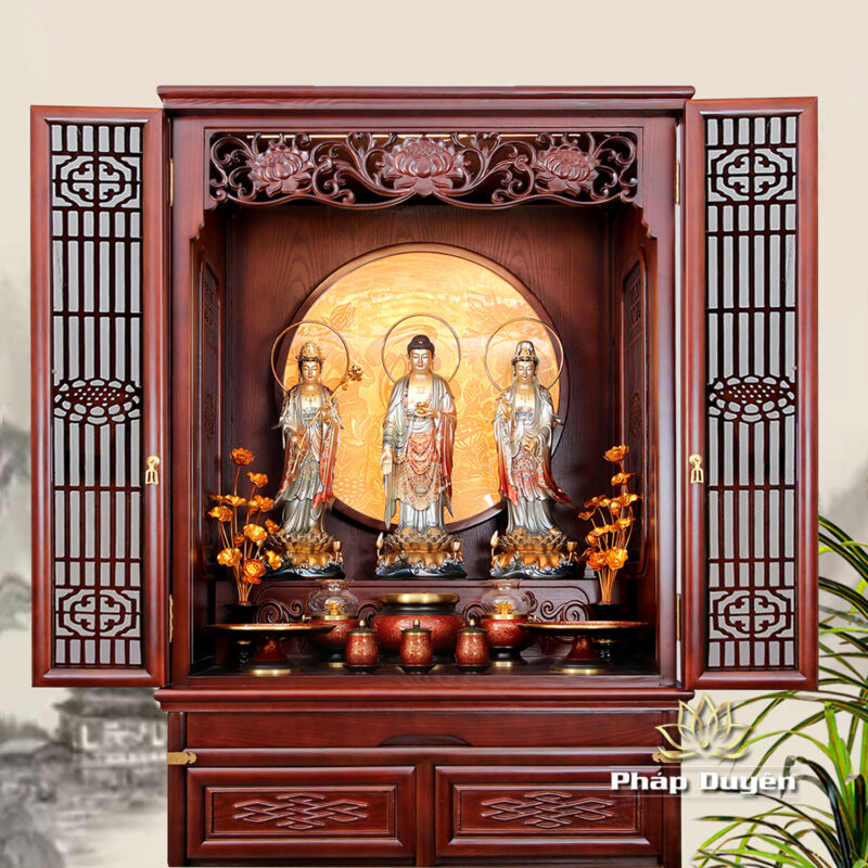 Bộ Tủ Thờ Phật - Gia Tiên Bốn Cánh Đồng Vân Đá Nâu Đỏ, "Liên Hoa", KT 89*68*215 cm, Nhiều Chất Liệu - Ảnh 2