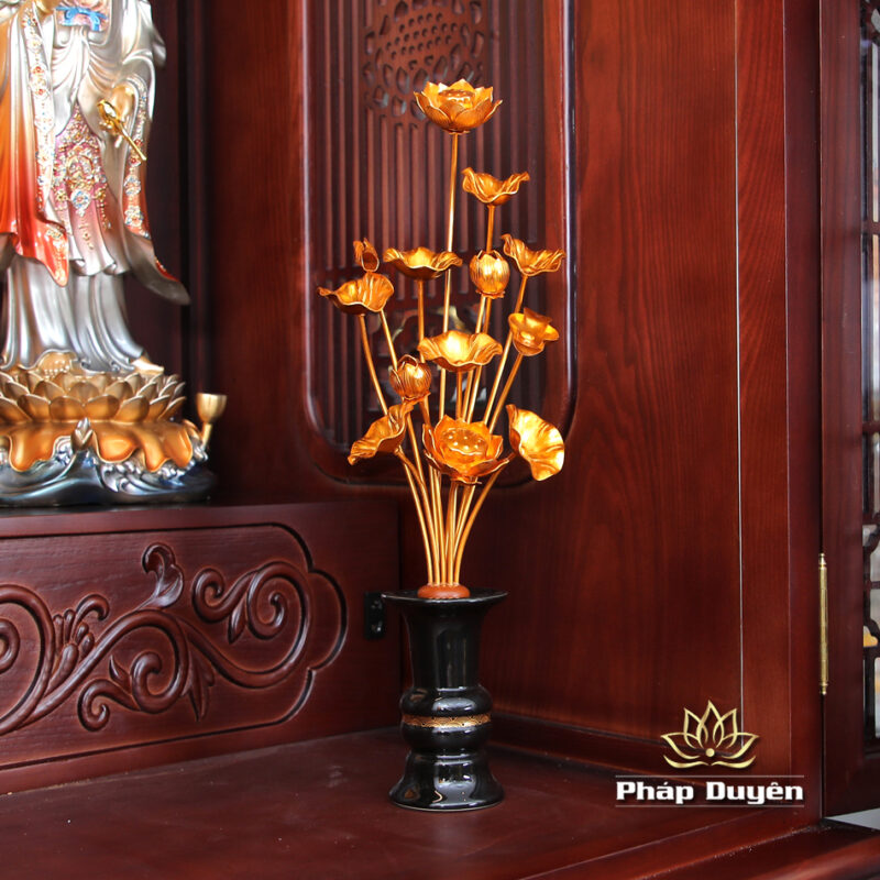 Bộ Tủ Thờ Phật - Gia Tiên Bốn Cánh Đồng Vân Đá Nâu Đỏ, "Liên Hoa", KT 89*68*215 cm, Nhiều Chất Liệu - Ảnh 6