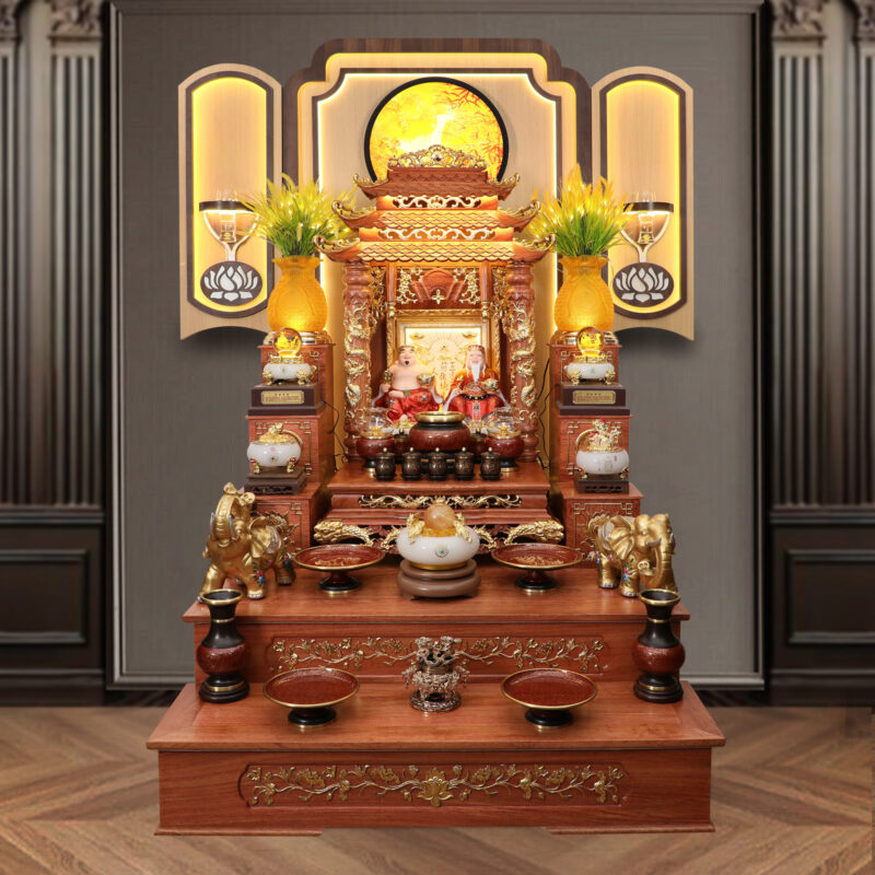 Bộ Ban Thờ Thần Tài Thổ Địa Đồng Vân Đá Nâu Đỏ, “Phú Quý” Dát Vàng, KT 117*147*163cm