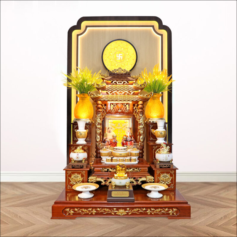 Bộ Bàn Thờ Thần Tài Thổ Địa Sứ Trắng Tâm Kinh “Thiên Đức” Dát Vàng, KT 97*97*125cm