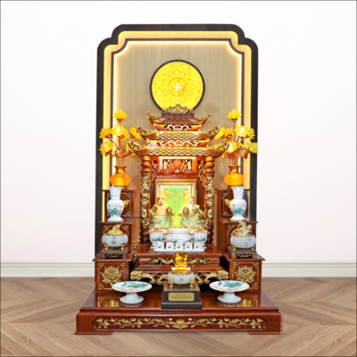 Bộ Ban Thờ Thần Tài Thổ Địa Sen Hồng Lá Xanh, “Thiên Đức” Dát Vàng, KT 97*97*125cm