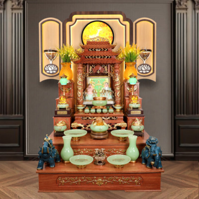 Bộ Ban Thờ Thần Tài Thổ Địa Lưu Ly Ngọc Xanh Bọc Đồng, “Phú Quý” Dát Vàng, KT 117*147*163cm