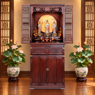 Bộ Tủ Thờ Phật - Gia Tiên Bốn Cánh Đồng Vân Đá Nâu Đỏ, "Liên Hoa", KT 89*68*215 cm, Nhiều Chất Liệu