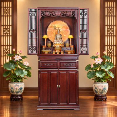 Bộ Tủ Thờ Phật - Gia Tiên Bốn Cánh Lưu Ly Vàng, "Liên Hoa", KT 89*68*215 cm, Nhiều Chất Liệu