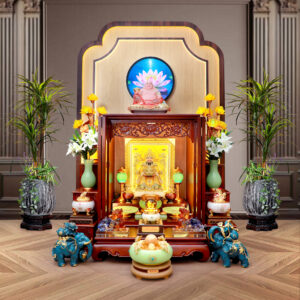 Bộ Tủ Thờ Thần Tài Thổ Địa Lưu Ly Ngọc Xanh Chữ Phật “Bảo Liên Khám”, KT 81*48*107cm