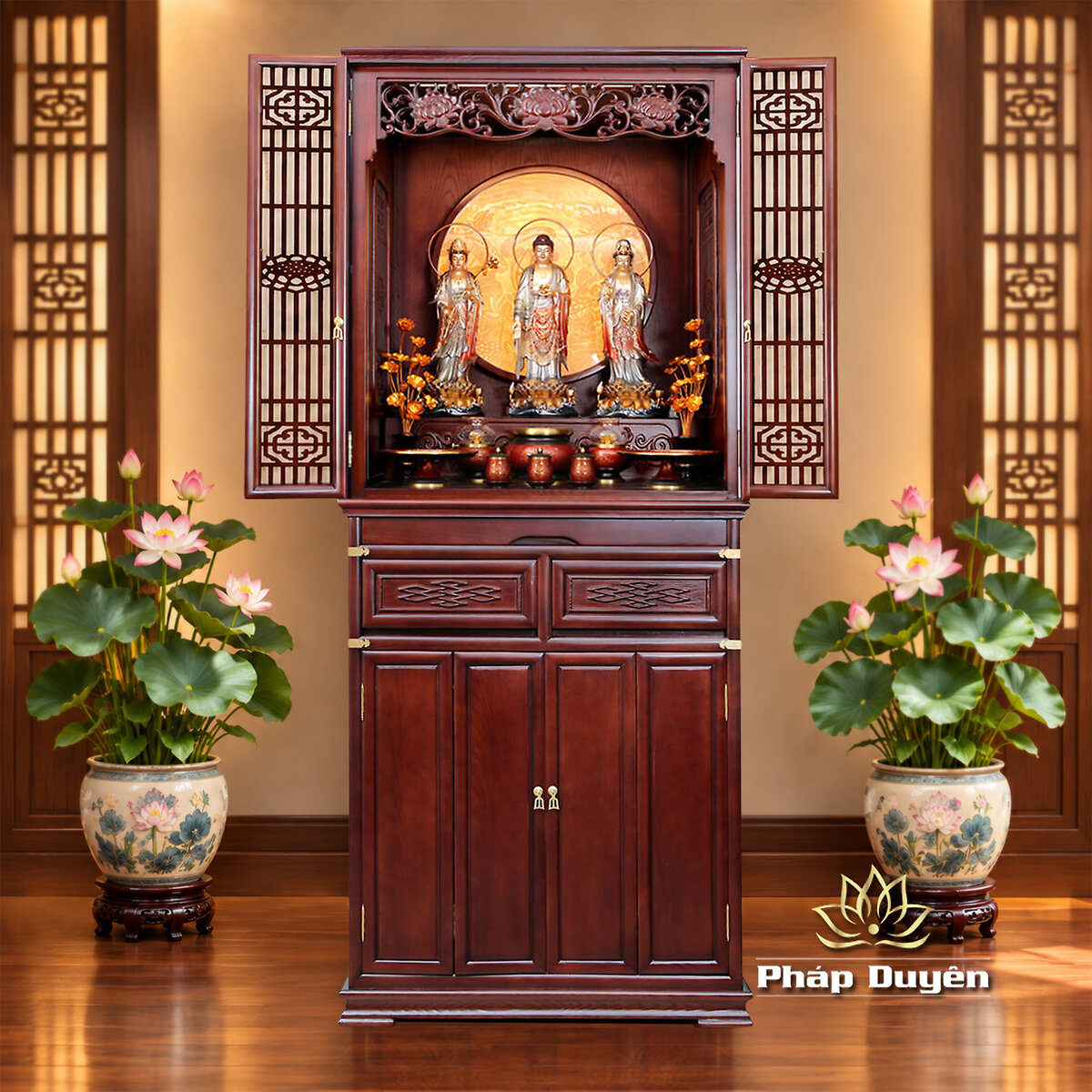 Bộ Tủ Thờ Phật - Gia Tiên Bốn Cánh Đồng Vân Đá Nâu Đỏ, "Liên Hoa", KT 89*68*215 cm, Nhiều Chất Liệu - ảnh 3