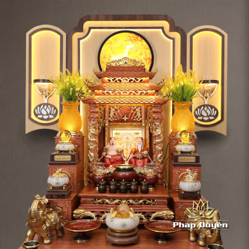 Bộ Ban Thờ Thần Tài Thổ Địa Đồng Vân Đá Nâu Đỏ, “Phú Quý” Dát Vàng, KT 117*147*163cm - Ảnh 2