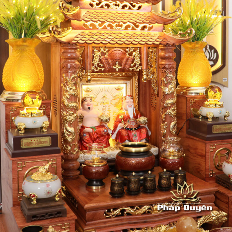 Bộ Ban Thờ Thần Tài Thổ Địa Đồng Vân Đá Nâu Đỏ, “Phú Quý” Dát Vàng, KT 117*147*163cm - Ảnh 3