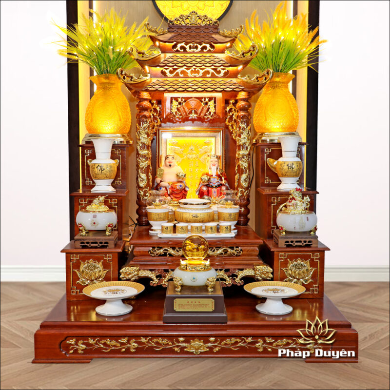 Bộ Bàn Thờ Thần Tài Thổ Địa Sứ Trắng Tâm Kinh “Thiên Đức” Dát Vàng, KT 97*97*125cm - Ảnh 2