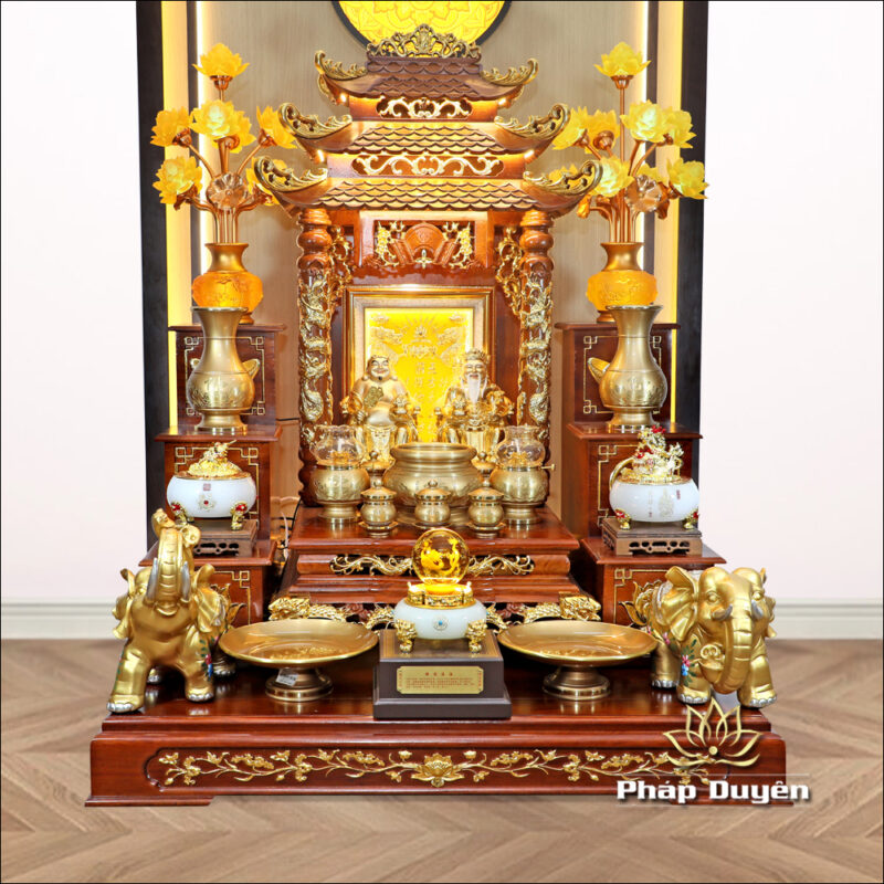 Bộ Ban Thờ Thần Tài Thổ Địa Đồng Vàng Chữ Phật Lá Sen, “Thiên Đức” Dát Vàng, KT 97*97*125cm - Ảnh 2