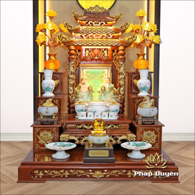 Alternative view of Bộ Ban Thờ Thần Tài Thổ Địa Sen Hồng Lá Xanh, “Thiên Đức” Dát Vàng, KT 97*97*125cm